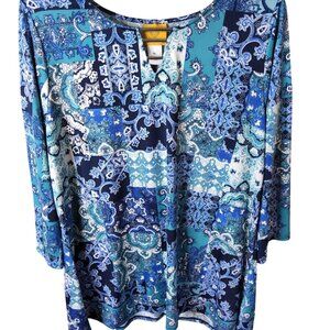 Ruby Lane Womens Wrinkle Free Aqua Blue Paisley Blouse.